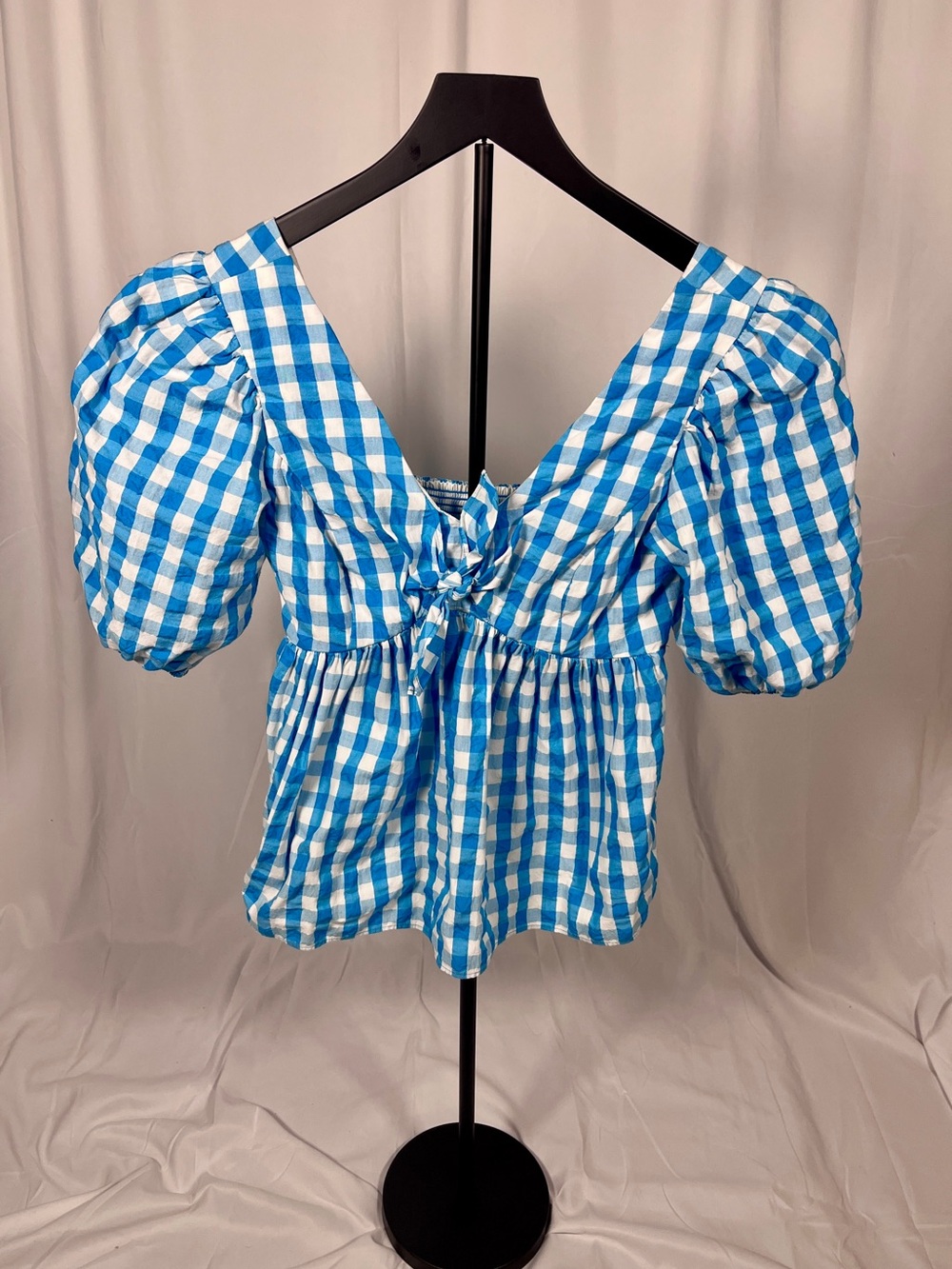 Lilly Pulitzer Blue White Gingham Puff-Sleeve Blouse Preppy Chic Top